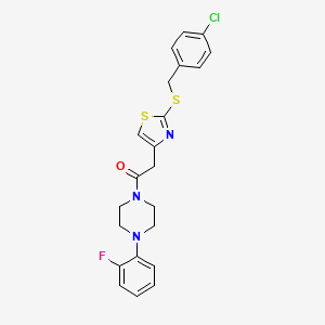 molecular formula C22H21ClFN3OS2 B2890068 2-(2-((4-Chlorobenzyl)thio)thiazol-4-yl)-1-(4-(2-fluorophenyl)piperazin-1-yl)ethanone CAS No. 953954-27-3