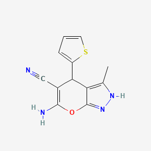 molecular formula C12H10N4OS B2890229 6-Amino-3-methyl-4-(2-thienyl)-1,4-dihydropyrano[2,3-c]pyrazole-5-carbonitrile CAS No. 87736-62-7