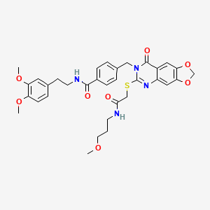 molecular formula C33H36N4O8S B2890277 N-(3,4-dimethoxyphenethyl)-4-((6-((2-((3-methoxypropyl)amino)-2-oxoethyl)thio)-8-oxo-[1,3]dioxolo[4,5-g]quinazolin-7(8H)-yl)methyl)benzamide CAS No. 688062-34-2