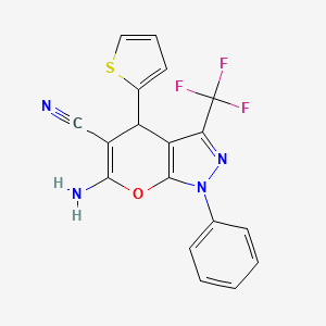 molecular formula C18H11F3N4OS B2890352 6-amino-1-phenyl-4-thiophen-2-yl-3-(trifluoromethyl)-4H-pyrano[2,3-c]pyrazole-5-carbonitrile CAS No. 327169-68-6