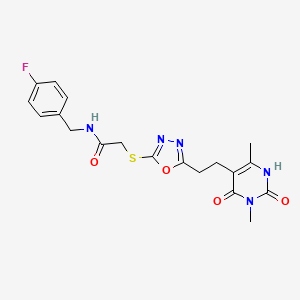molecular formula C19H20FN5O4S B2890410 2-((5-(2-(3,6-dimethyl-2,4-dioxo-1,2,3,4-tetrahydropyrimidin-5-yl)ethyl)-1,3,4-oxadiazol-2-yl)thio)-N-(4-fluorobenzyl)acetamide CAS No. 1171557-19-9