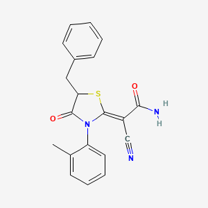 molecular formula C20H17N3O2S B2890522 (2Z)-2-[5-benzyl-3-(2-methylphenyl)-4-oxo-1,3-thiazolidin-2-ylidene]-2-cyanoethanamide CAS No. 637325-19-0