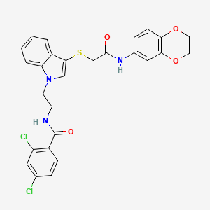 molecular formula C27H23Cl2N3O4S B2890543 2,4-dichloro-N-[2-[3-[2-(2,3-dihydro-1,4-benzodioxin-6-ylamino)-2-oxoethyl]sulfanylindol-1-yl]ethyl]benzamide CAS No. 532975-55-6