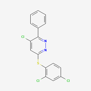 molecular formula C16H9Cl3N2S B2890555 4-Chloro-6-[(2,4-dichlorophenyl)sulfanyl]-3-phenylpyridazine CAS No. 477872-29-0