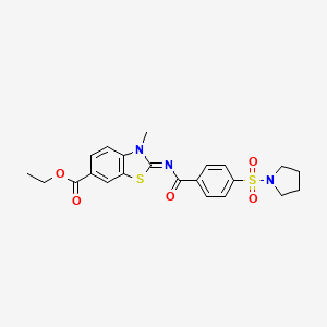 molecular formula C22H23N3O5S2 B2890574 (E)-ethyl 3-methyl-2-((4-(pyrrolidin-1-ylsulfonyl)benzoyl)imino)-2,3-dihydrobenzo[d]thiazole-6-carboxylate CAS No. 850909-39-6