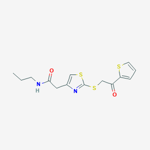 molecular formula C14H16N2O2S3 B2890597 2-(2-((2-oxo-2-(thiophen-2-yl)ethyl)thio)thiazol-4-yl)-N-propylacetamide CAS No. 1020979-43-4