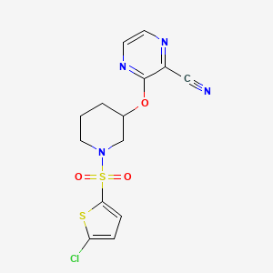 molecular formula C14H13ClN4O3S2 B2890635 3-((1-((5-Chlorothiophen-2-yl)sulfonyl)piperidin-3-yl)oxy)pyrazine-2-carbonitrile CAS No. 2034231-07-5