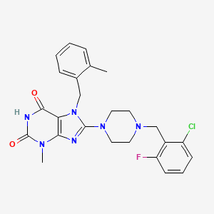 molecular formula C25H26ClFN6O2 B2890733 8-{4-[(2-Chloro-6-fluorophenyl)methyl]piperazinyl}-3-methyl-7-[(2-methylphenyl)methyl]-1,3,7-trihydropurine-2,6-dione CAS No. 898463-45-1