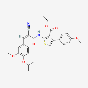 molecular formula C28H28N2O6S B2890792 Ethyl 2-[[(Z)-2-cyano-3-(3-methoxy-4-propan-2-yloxyphenyl)prop-2-enoyl]amino]-4-(4-methoxyphenyl)thiophene-3-carboxylate CAS No. 380455-57-2
