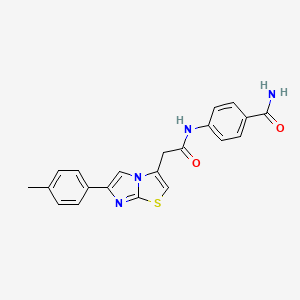 molecular formula C21H18N4O2S B2890818 4-(2-(6-(p-Tolyl)imidazo[2,1-b]thiazol-3-yl)acetamido)benzamide CAS No. 897463-55-7
