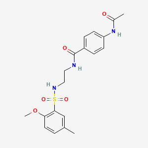 molecular formula C19H23N3O5S B2890832 4-acetamido-N-(2-(2-methoxy-5-methylphenylsulfonamido)ethyl)benzamide CAS No. 1091476-66-2