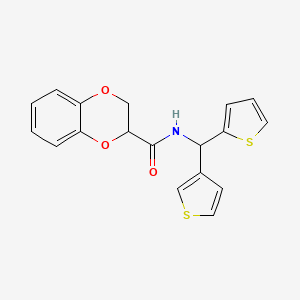 molecular formula C18H15NO3S2 B2890847 N-(thiophen-2-yl(thiophen-3-yl)methyl)-2,3-dihydrobenzo[b][1,4]dioxine-2-carboxamide CAS No. 2034605-03-1