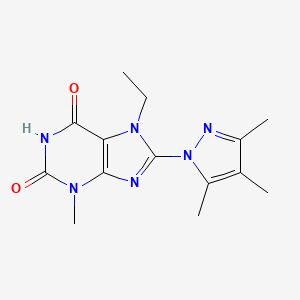 molecular formula C14H18N6O2 B2890854 7-Ethyl-3-methyl-8-(3,4,5-trimethylpyrazolyl)-1,3,7-trihydropurine-2,6-dione CAS No. 1014010-47-9