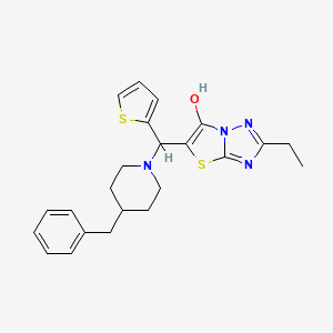 molecular formula C23H26N4OS2 B2890873 5-((4-Benzylpiperidin-1-yl)(thiophen-2-yl)methyl)-2-ethylthiazolo[3,2-b][1,2,4]triazol-6-ol CAS No. 886909-32-6