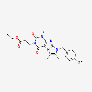 molecular formula C23H27N5O5 B2890910 ethyl 3-(8-(4-methoxybenzyl)-1,6,7-trimethyl-2,4-dioxo-1H-imidazo[2,1-f]purin-3(2H,4H,8H)-yl)propanoate CAS No. 896302-71-9