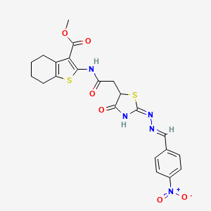 molecular formula C22H21N5O6S2 B2891094 methyl 2-(2-((E)-2-((E)-(4-nitrobenzylidene)hydrazono)-4-oxothiazolidin-5-yl)acetamido)-4,5,6,7-tetrahydrobenzo[b]thiophene-3-carboxylate CAS No. 857493-90-4