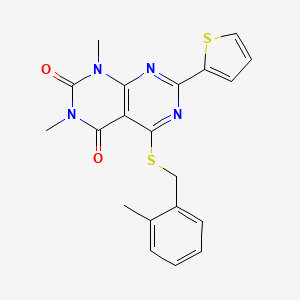 molecular formula C20H18N4O2S2 B2891176 1,3-dimethyl-5-((2-methylbenzyl)thio)-7-(thiophen-2-yl)pyrimido[4,5-d]pyrimidine-2,4(1H,3H)-dione CAS No. 847192-13-6