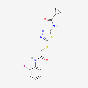 molecular formula C14H13FN4O2S2 B2891189 N-(5-((2-((2-fluorophenyl)amino)-2-oxoethyl)thio)-1,3,4-thiadiazol-2-yl)cyclopropanecarboxamide CAS No. 392298-06-5
