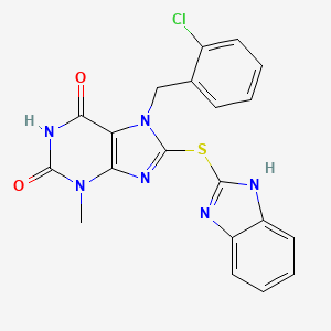 molecular formula C20H15ClN6O2S B2891244 8-(1H-benzimidazol-2-ylsulfanyl)-7-[(2-chlorophenyl)methyl]-3-methylpurine-2,6-dione CAS No. 879468-76-5