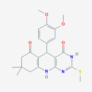 molecular formula C22H25N3O4S B2891294 5-(3,4-dimethoxyphenyl)-8,8-dimethyl-2-(methylsulfanyl)-5,8,9,10-tetrahydropyrimido[4,5-b]quinoline-4,6(3H,7H)-dione CAS No. 537044-19-2