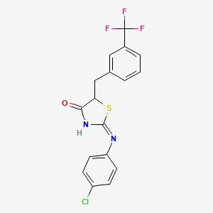 molecular formula C17H12ClF3N2OS B2891379 (E)-2-((4-chlorophenyl)imino)-5-(3-(trifluoromethyl)benzyl)thiazolidin-4-one CAS No. 301687-72-9
