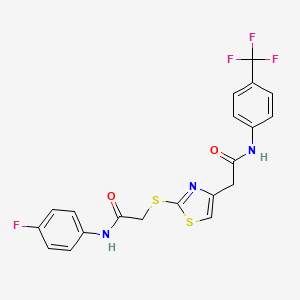 molecular formula C20H15F4N3O2S2 B2891383 N-(4-fluorophenyl)-2-((4-(2-oxo-2-((4-(trifluoromethyl)phenyl)amino)ethyl)thiazol-2-yl)thio)acetamide CAS No. 942001-15-2
