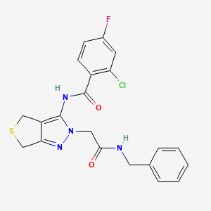 molecular formula C21H18ClFN4O2S B2891393 N-(2-(2-(benzylamino)-2-oxoethyl)-4,6-dihydro-2H-thieno[3,4-c]pyrazol-3-yl)-2-chloro-4-fluorobenzamide CAS No. 1105218-38-9