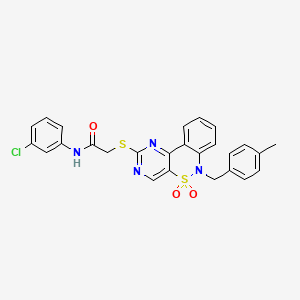 molecular formula C26H21ClN4O3S2 B2891477 N-(3-chlorophenyl)-2-({9-[(4-methylphenyl)methyl]-8,8-dioxo-8lambda6-thia-3,5,9-triazatricyclo[8.4.0.0^{2,7}]tetradeca-1(14),2(7),3,5,10,12-hexaen-4-yl}sulfanyl)acetamide CAS No. 1115408-58-6