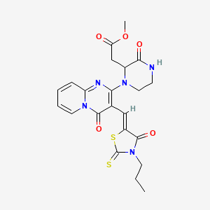 molecular formula C22H23N5O5S2 B2891513 (Z)-methyl 2-(3-oxo-1-(4-oxo-3-((4-oxo-3-propyl-2-thioxothiazolidin-5-ylidene)methyl)-4H-pyrido[1,2-a]pyrimidin-2-yl)piperazin-2-yl)acetate CAS No. 1037751-41-9