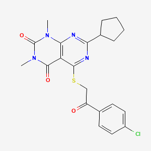 molecular formula C21H21ClN4O3S B2891602 5-((2-(4-chlorophenyl)-2-oxoethyl)thio)-7-cyclopentyl-1,3-dimethylpyrimido[4,5-d]pyrimidine-2,4(1H,3H)-dione CAS No. 872621-14-2