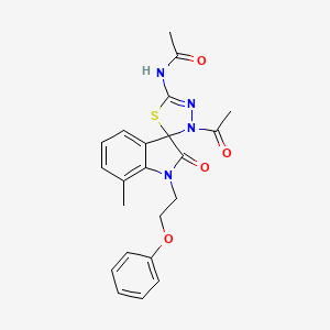 molecular formula C22H22N4O4S B2891671 N-[3-acetyl-12-methyl-7-oxo-6-(2-phenoxyethyl)spiro[1,3,4-thiadiazoline-2,3'-i ndoline]-5-yl]acetamide CAS No. 905775-17-9