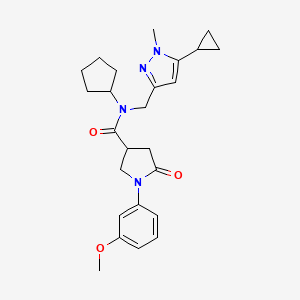 molecular formula C25H32N4O3 B2891792 N-cyclopentyl-N-((5-cyclopropyl-1-methyl-1H-pyrazol-3-yl)methyl)-1-(3-methoxyphenyl)-5-oxopyrrolidine-3-carboxamide CAS No. 1787880-27-6