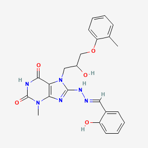 molecular formula C23H24N6O5 B2891952 (E)-7-(2-hydroxy-3-(o-tolyloxy)propyl)-8-(2-(2-hydroxybenzylidene)hydrazinyl)-3-methyl-1H-purine-2,6(3H,7H)-dione CAS No. 372153-63-4