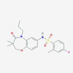 molecular formula C21H25FN2O4S B2892095 N-(3,3-dimethyl-4-oxo-5-propyl-2,3,4,5-tetrahydrobenzo[b][1,4]oxazepin-7-yl)-4-fluoro-2-methylbenzenesulfonamide CAS No. 921914-85-4
