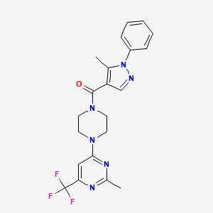 molecular formula C21H21F3N6O B2892217 (5-methyl-1-phenyl-1H-pyrazol-4-yl)(4-(2-methyl-6-(trifluoromethyl)pyrimidin-4-yl)piperazin-1-yl)methanone CAS No. 2034344-71-1