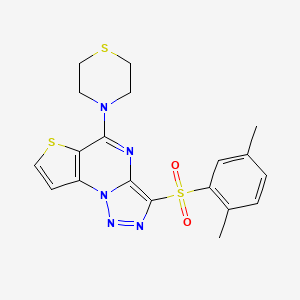 molecular formula C19H19N5O2S3 B2892281 2,5-Dimethylphenyl [5-(1,4-thiazinan-4-yl)thieno[2,3-e][1,2,3]triazolo[1,5-a]pyrimidin-3-yl] sulfone CAS No. 931324-63-9