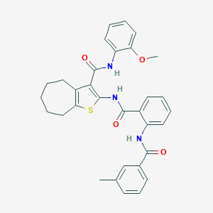 molecular formula C32H31N3O4S B289238 N-(2-methoxyphenyl)-2-({2-[(3-methylbenzoyl)amino]benzoyl}amino)-5,6,7,8-tetrahydro-4H-cyclohepta[b]thiophene-3-carboxamide 