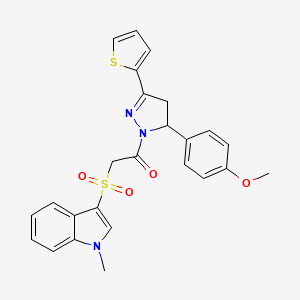 molecular formula C25H23N3O4S2 B2892381 1-(5-(4-甲氧基苯基)-3-(噻吩-2-基)-4,5-二氢-1H-吡唑-1-基)-2-((1-甲基-1H-吲哚-3-基)磺酰基)乙酮 CAS No. 850932-44-4