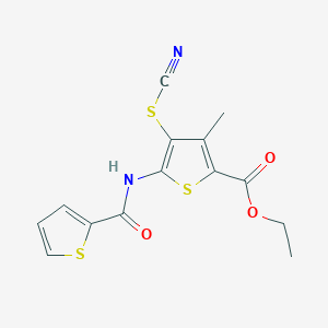 molecular formula C14H12N2O3S3 B2892403 Ethyl 3-methyl-4-thiocyanato-5-(thiophene-2-carboxamido)thiophene-2-carboxylate CAS No. 681157-90-4