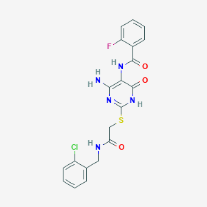 molecular formula C20H17ClFN5O3S B2892515 N-(4-amino-2-((2-((2-chlorobenzyl)amino)-2-oxoethyl)thio)-6-oxo-1,6-dihydropyrimidin-5-yl)-2-fluorobenzamide CAS No. 872597-32-5
