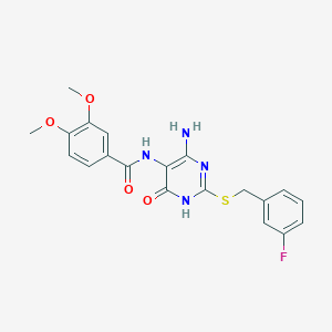 molecular formula C20H19FN4O4S B2892597 N-(4-氨基-2-((3-氟苄基)硫代)-6-氧代-1,6-二氢嘧啶-5-基)-3,4-二甲氧基苯甲酰胺 CAS No. 868228-17-5