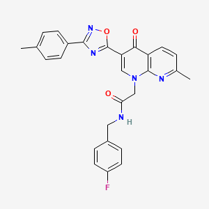 molecular formula C27H22FN5O3 B2892609 N-(4-氟苄基)-2-(7-甲基-4-氧代-3-(3-(对甲基苯基)-1,2,4-恶二唑-5-基)-1,8-萘啶-1(4H)-基)乙酰胺 CAS No. 1032002-34-8