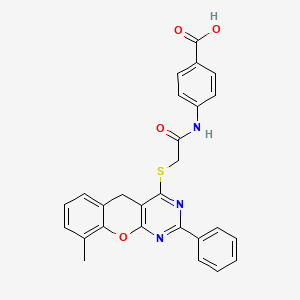 molecular formula C27H21N3O4S B2892849 4-({[(9-methyl-2-phenyl-5H-chromeno[2,3-d]pyrimidin-4-yl)thio]acetyl}amino)benzoic acid CAS No. 866871-18-3