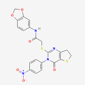 molecular formula C21H16N4O6S2 B2892871 N-(1,3-苯并二氧杂环-5-基)-2-[[3-(4-硝基苯基)-4-氧代-6,7-二氢噻吩并[3,2-d]嘧啶-2-基]硫代]乙酰胺 CAS No. 850915-96-7