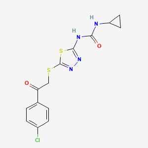 molecular formula C14H13ClN4O2S2 B2892889 1-(5-((2-(4-Chlorophenyl)-2-oxoethyl)thio)-1,3,4-thiadiazol-2-yl)-3-cyclopropylurea CAS No. 1172947-91-9