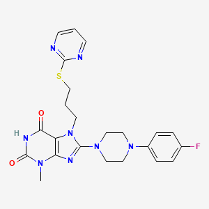 molecular formula C23H25FN8O2S B2892914 8-[4-(4-fluorophenyl)piperazin-1-yl]-3-methyl-7-[3-(pyrimidin-2-ylsulfanyl)propyl]-2,3,6,7-tetrahydro-1H-purine-2,6-dione CAS No. 872627-64-0