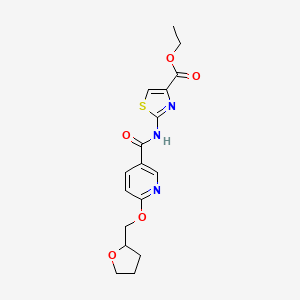 molecular formula C17H19N3O5S B2892937 Ethyl 2-(6-((tetrahydrofuran-2-yl)methoxy)nicotinamido)thiazole-4-carboxylate CAS No. 2034300-41-7