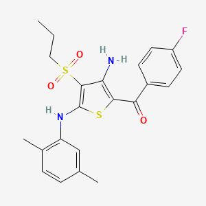 molecular formula C22H23FN2O3S2 B2892950 (3-Amino-5-((2,5-dimethylphenyl)amino)-4-(propylsulfonyl)thiophen-2-yl)(4-fluorophenyl)methanone CAS No. 890794-00-0