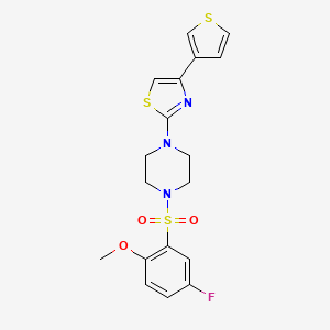 molecular formula C18H18FN3O3S3 B2892988 2-(4-((5-Fluoro-2-methoxyphenyl)sulfonyl)piperazin-1-yl)-4-(thiophen-3-yl)thiazole CAS No. 1448075-32-8