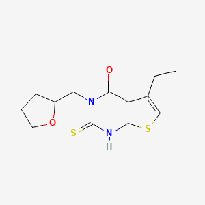 molecular formula C14H18N2O2S2 B2892991 5-ethyl-6-methyl-3-(oxolan-2-ylmethyl)-2-sulfanyl-3H,4H-thieno[2,3-d]pyrimidin-4-one CAS No. 588676-66-8